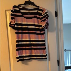 INC International Concepts Pink, Black and White Striped Short Sleeve Top